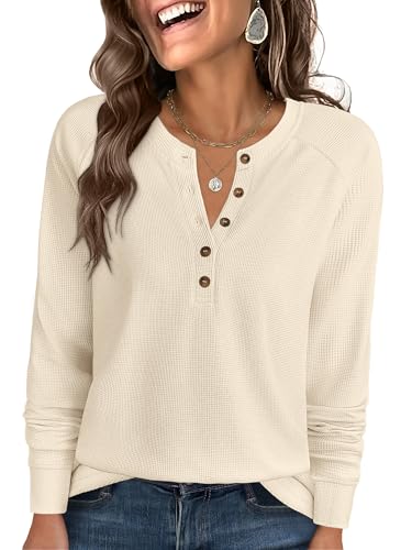 ANRABESS Women's Long Sleeve Waffle Knit Shirts Dressy Casual Loose Button Up V Neck Henley Tops 2026 Fall Basic Tee Blouse Parchment X-Large