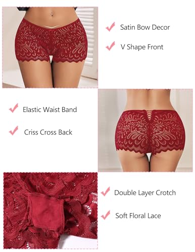 Avidlove Lace Underwear for Women Sexy Boyshorts Panties Full Coverage Cheeky Boxer Briefs Wine Red S