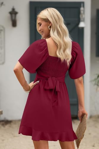 Dokotoo Womens Summer Wrap V Neck Short Flared Sleeve Smocked Elastic Waist Tiered Belted Ruffle Hem Mini Dress Wedding Guest Dresses for Women Ruby M