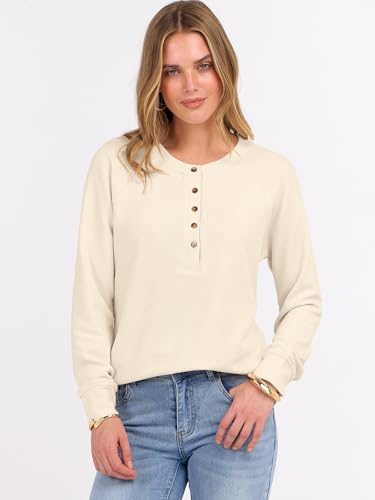 ANRABESS Women's Long Sleeve Waffle Knit Shirts Dressy Casual Loose Button Up V Neck Henley Tops 2026 Fall Basic Tee Blouse Parchment X-Large