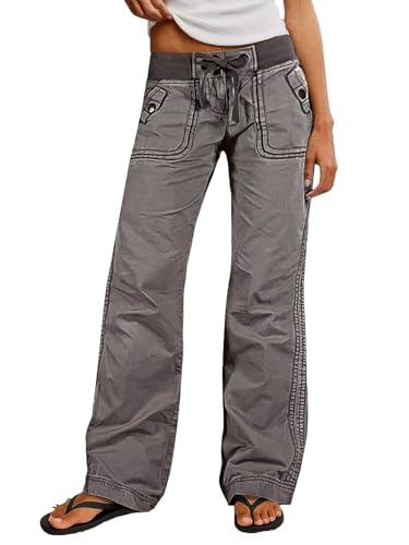 Flamingals Straight Leg Pants for Women Drawstring Waist Mid Rise Casual Solid Seam Detail Pants Gray S