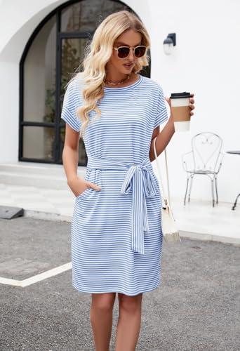 MEROKEETY Women's 2026 Summer Casual T Shirt Dress Short Sleeve Striped Tie Waist Work Vacation Trendy Short Dresses