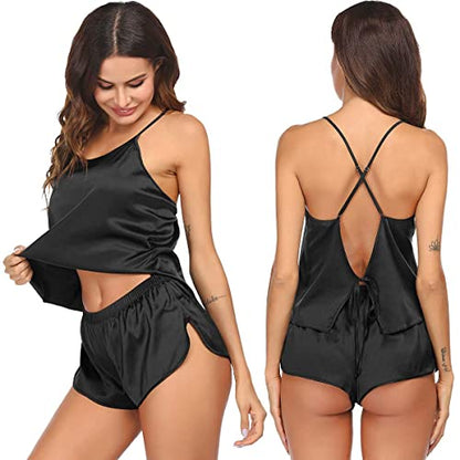 Ekouaer Silk Pajamas Set for Women Satin Backless Lingerie Pjs Cami Top and Shorts PJ Set Silky Nightwear Black