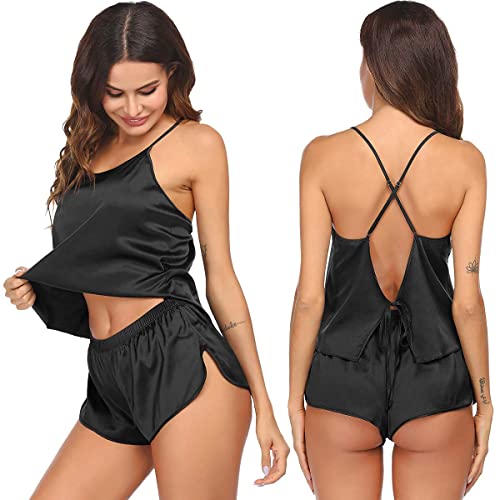 Ekouaer Silk Pajamas Set for Women Satin Backless Lingerie Pjs Cami Top and Shorts PJ Set Silky Nightwear Black
