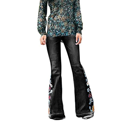 Rfm Jeans - Womens Floral Embroidered Flare Bell Bottom Jeans Stretch Western Bootcut Jeans Long Denim Pants Black