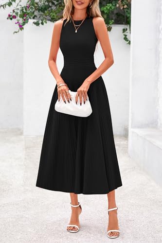 PRETTYGARDEN Spring Casual Dresses for Women 2026 Summer Business Work Midi Sleeveless A Line Pleated Cocktail Dress(Black,Small)