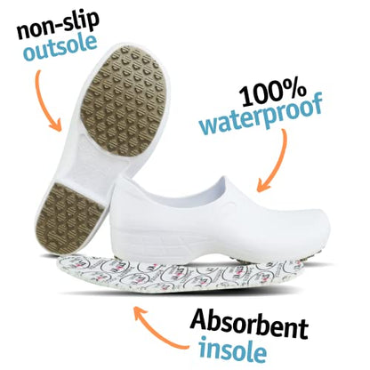 Sticky SSW-US-BCA-8 Nursing Shoes Women - Chefs - Kitchen - Nurses - Clogs for Work - Waterproof Non Slip (White, 8)