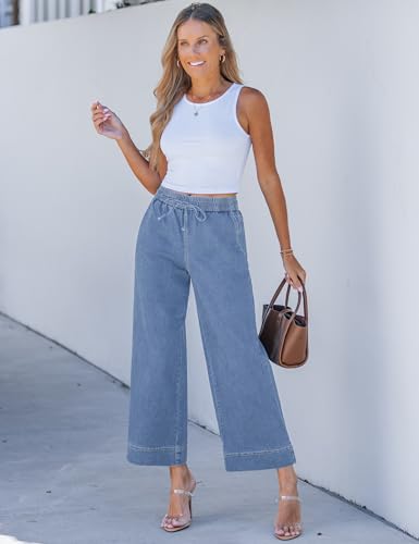luvamia 26 Inch Inseam Womens Wide Leg Jeans Denim Pants for Women Denim Elastic Waist Pants for Women Cody Blue Medium Fits Size 8 / Size 10