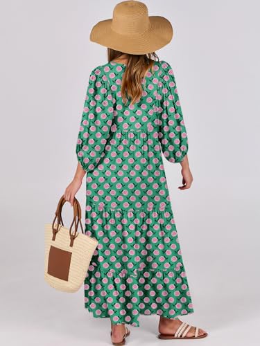 ANRABESS Womens Boho Maxi Dresses 2026 Summer V Neck Puff Sleeve Floral Flowy Swing Fall Casual Long Dress Green Small