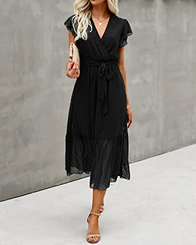 BTFBM Women Summer Bohemian Floral Casual Wrap V Neck Ruffle Cap Sleeveless Belt A-Line Pleated Hem Swing Midi Sun Dress (Swiss Dot Black, l)
