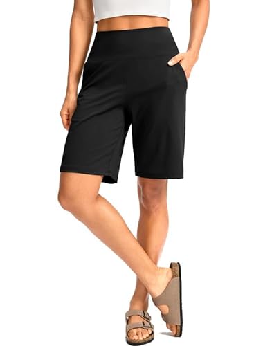 G Gradual Women's Bermuda Long Shorts with Pockets 9" High Waisted Knee Length Shorts for Women Walking Athletic Workout(Black,3XL)