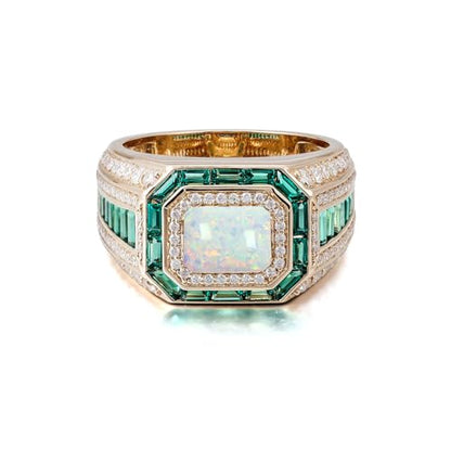 FYBIOD 10K 14K 18K Gold Men's Emerald Cut Opal Engagement Ring with Moissanites Luxury Design Opal Wedding Anniversary Ring for Men Husband Size 4-16
