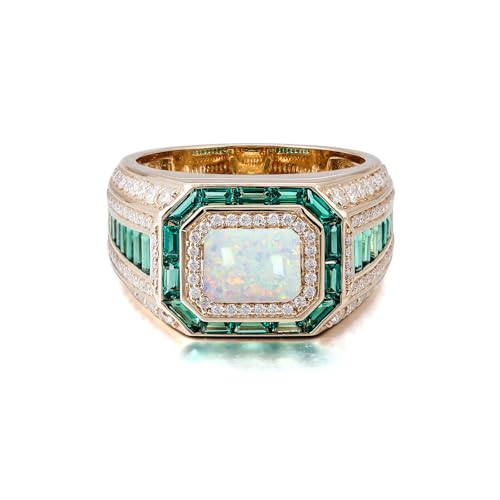 FYBIOD 10K 14K 18K Gold Men's Emerald Cut Opal Engagement Ring with Moissanites Luxury Design Opal Wedding Anniversary Ring for Men Husband Size 4-16