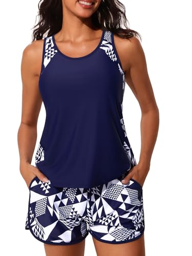 Summer Mae Blouson Tankini Swimsuits for Women 2026 Tummy Control Two Piece Bathing Suits with Sporty Pockets Swim Shorts Cube Size 14