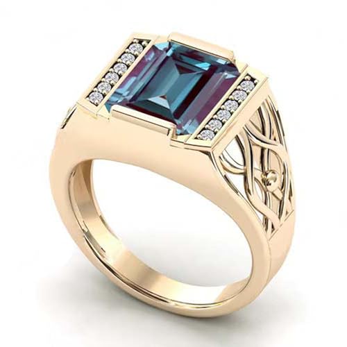 Gems Vibes Solid 925 Sterling Silver Vintage Alexandrite Ring With Diamond Halo Engagement Ring For Men Signet Statement Ring Emerald Cut Color Chang Alexandrite Ring Best Gift For Him (Alexandrite)