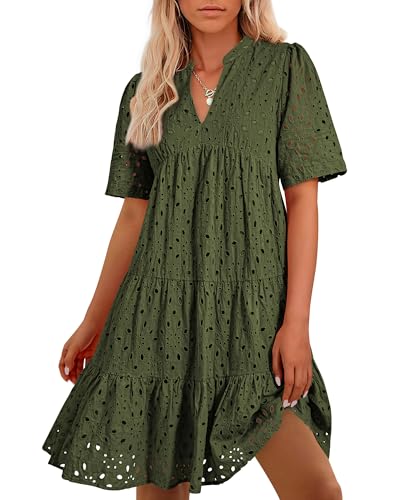 Easter Dress Women - BTFBM Womens Boho Summer Dresses 2025 Resort V Neck Short Sleeve Hollow Out Lace Ruffle Casual Beach Mini Vacation Dress