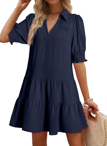 Dokotoo Womens Summer Dresses for Women 2026 Spring Dress Casual V Neck Flowy a Line Mini Dress 2026 Fashion Trendy Baby Doll Dresses Texture Vacation Plus Size Women's Clothing Outfits Navy Blue