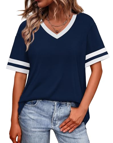 WIHOLL Womens Summer Tops for Women Trendy Women's Tops V Neck Tshirts Shirts for Women Plus Size Spring Clothes 2026 Short Sleeve Blouses Dressy Casual Ladies Striped Work Navy Blue L