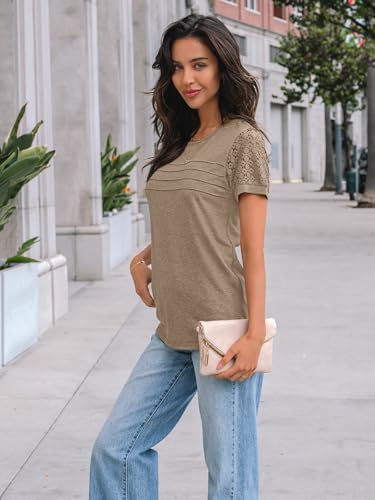 AUTOMET Short Sleeve Shirts for Women Summer Tops 2026 Spring Fashion Dressy Casual Outfits Lace Trendy Top Cute Work T Shirt Business Vacation Clothes Blouses Khaki L