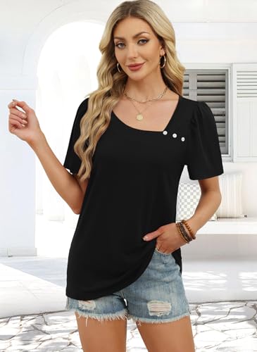 WIHOLL Womens Tops Summer Outfits 2026 Spring Clothing Short Sleeve Square Neck Tshirts Shirts Fashion Business Casual Blouses Black XL