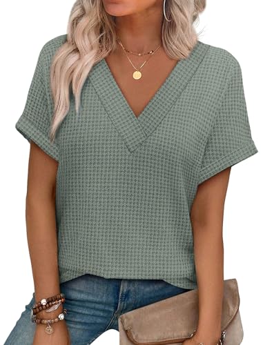 Plus Size Spring Clothes for Women Fashion Waffle Knit Short Sleeve Tops Summer Outfits Blouses Dressy Casual V Neck T Shirts Green XXL