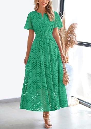 PRETTYGARDEN Womens 2025 Summer Maxi Dress Short Sleeve V Neck Hollow Out Eyelet A Line Long Flowy Beach Vacation Dresses (Green,Large)