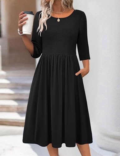 Zeago Black Casual Dress for Women Solid Half Sleeve Swing Party Dress Aline Loose Tshrit Midi Sundress with Pockets Vocation Beach Clothes,L