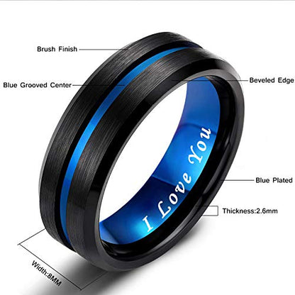 Greenpod 8mm Mens Black Tungsten Ring with Thin Blue Groove Beveled Edge Engraved I Love You Comfort Fit Size 10