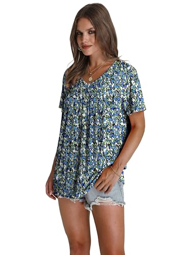 Womens Tops Dressy Casual V Neck T Shirts Ruffle Front Spring Outfits Plus Size Clothes Womens Summer Tops 2026 Fashion Clothing Loose Fit Blouses Oversized Tshirts Floral Blue 3XL