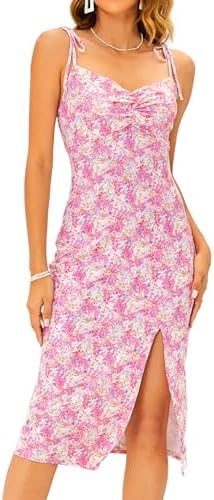 Sundresses - Floerns Women's Summer Split Thigh Spaghetti Strap Cami Midi Floral Dress Light Pink