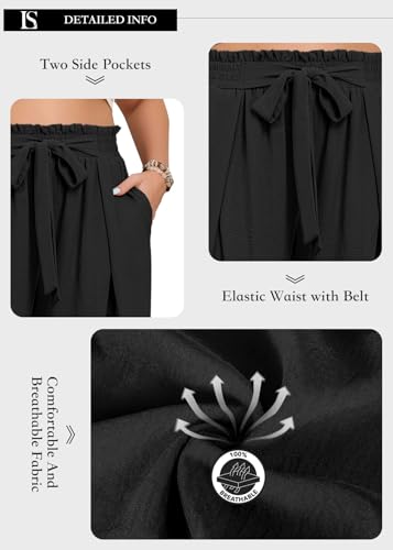 Lastshe Women's Plus Size Pants Wide Leg Work Casual Palazzo Flowy Elastic High Waisted Tie Knot Trousers with Pockets, Black, 3X