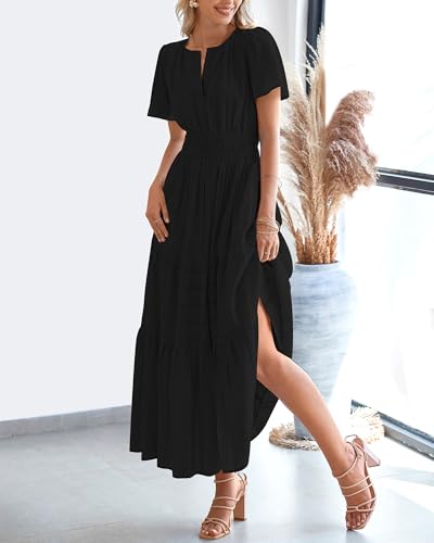 BTFBM Womens Summer 2026 Casual Midi Maxi Dresses Lightweight Short Sleeve V Neck Elastic Waist Boho Beach Dress Pockets