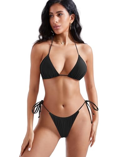 Women Sexy Triangle Bikini Set String Color Block Swimsuits Double Straps 2 Piece Bathing Suits