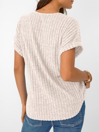 AUTOMET Womens Spring Tops 2026 Summer Dressy Casual Blouses Short Sleeve Cute V Neck Sweater Shirts Fashion Vacation Clothes Apricot L