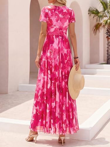 BTFBM Summer Dresses for Women 2026 Formal Short Sleeve Floral Homecoming Dress Maxi Wedding Guest Vacation Outfits(Floral Pink,Large)