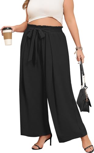 Lastshe Women's Plus Size Pants Wide Leg Work Casual Palazzo Flowy Elastic High Waisted Tie Knot Trousers with Pockets, Black, 3X