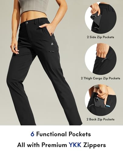 Haimont Outdoor Hiking Pants for Women Quick Dry Lightweight Nylon Cargo Work Pants Stretch 6 Pockets, Black, L