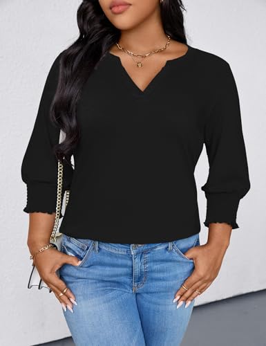 TFSDOD Plus Size Tops for Women Trendy 3/4 Length Sleeve Womens Tops Loose Fit Dressy Blouses V Neck Shirts Summer Outfits for Women Black 2X