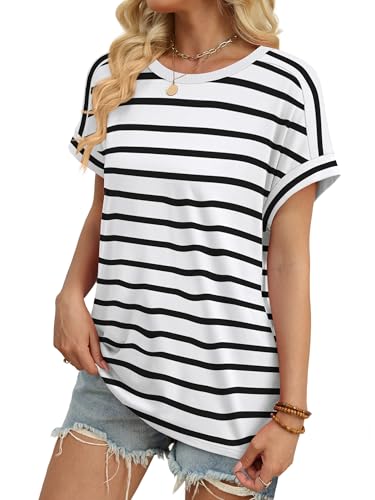 WIHOLL Womens Tops Summer Outfits Spring Clothes Short Sleeve Tshirts Shirts 2026 Fashion Business Casual Lightweight Blouses Black & White Stripes XL