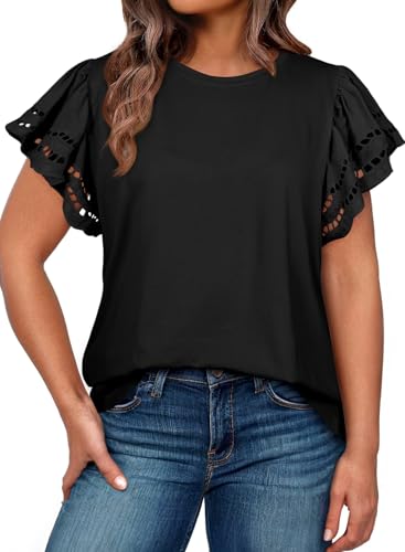 Eytino Womens Plus Size Hollow Out Ruffle Short Sleeve Crewneck Shirts Tops Summer Fashion Tees,3X Black