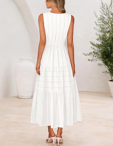 MEROKEETY Summer Spring Midi Maxi Dress for Women 2026 Casual Beach Vacation Sleeveless Boho V Neck Cotton Long Dresses Pockets, White, Medium