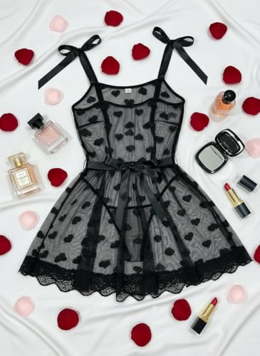 Avidlove Sexy Lingerie for Women Heart Bow Tie Mesh Babydoll Lingerie Lace Chemise Sleepwear with Belt(Black,L)