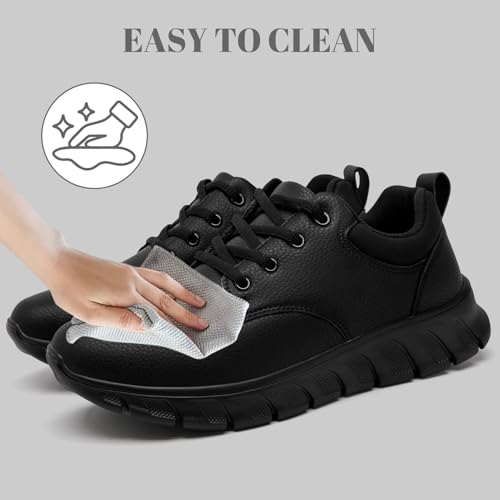 Mens Non Slip Work Shoes Waterproof Oil-Proof PU Leather Food Service Restaurants Kitchen Chef Shoes Comfy Walking Sneakers Lightweight Classic Stylish Casual Office Footwear A All Black