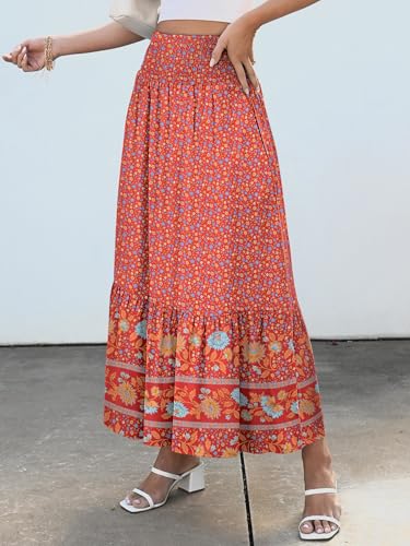 ANRABESS Maxi Skirts for Women 2026 Summer Boho Long Flowy Floral Elastic High Waist Skirt Casual Travel Skirt with Pockets Red Blue Floral Medium