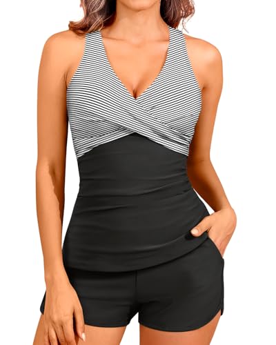 Women Black Stripe Tankini Swimsuits with Shorts - Two Piece Tummy Control Bathing Suits Top with Two Pockets Bottom Swimwear L
