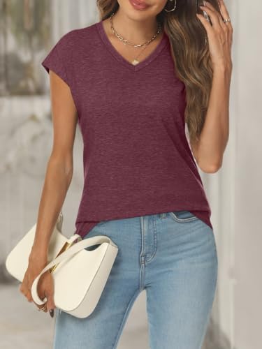 AUTOMET Womens V Neck T Shirts Spring Summer Cap Sleeve Basic Tees Trendy Cute Tops for Work Dressy Casual Beach Vacation Wine Red L