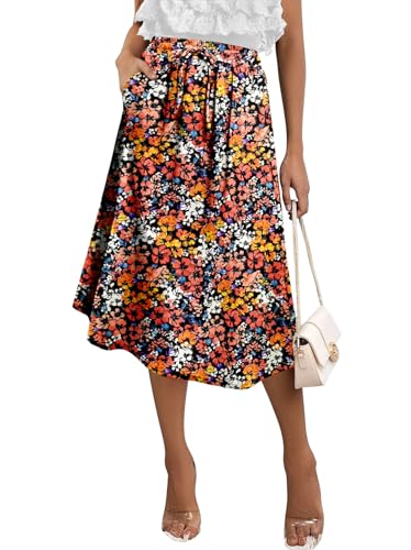 Angerella Womens' Casual Chiffon Midi Skirt with Pockets Floral Print Pleated High Waist Knee Length Skirt(Orange,M)