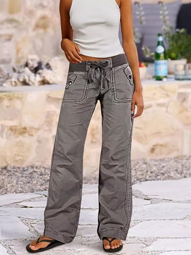 Flamingals Straight Leg Pants for Women Drawstring Waist Mid Rise Casual Solid Seam Detail Pants Gray S
