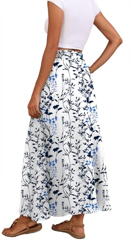 Askyes Long Skirts for Women High Waisted Casual Work Flowy Swing Long Skirts with Pockets,Water Plants,L