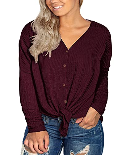 OLRIK Womens Plus Size Tops Long Sleeve V Neck Waffle Knit Tunic Blouse Tie Front Button Up T Shirts Wine Red-3X Plus